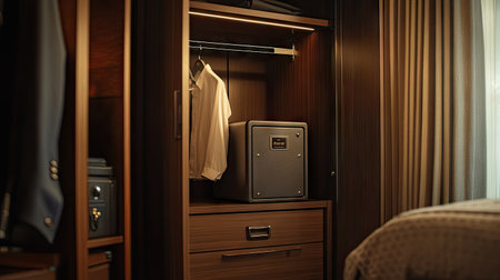A secure metal safe placed in a modern hotel room wardrobe, neatly integrated into the interior designの素材