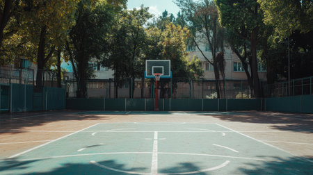 A silent school basketball court, its markings freshly painted, with hoops on both ends and no one in sightの素材