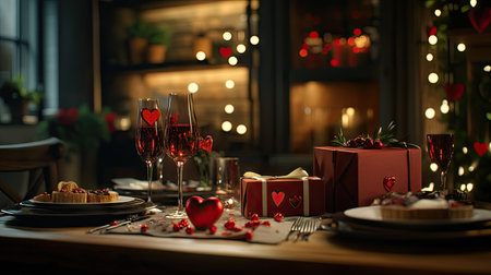A romantic dinner setting for Valentine's Day, with a gift box and red hearts adding to the festive ambianceの素材