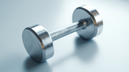 A single steel dumbbell on a white background, with soft lighting accentuating its polished surface and modern look.の素材