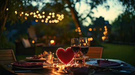 A romantic outdoor Valentine's dinner setup, with string lights, a heart-shaped table decoration, and wineの素材