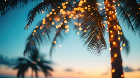 A silhouetted palm tree with warm fairy lights glowing against a backdrop of a clear blue sky at dusk.の素材