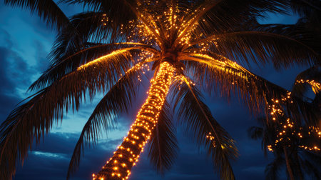A palm tree with glowing lights on its trunk and branches, creating a vibrant tropical ambiance at night.の素材