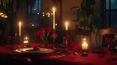 A romantic dinner setup with a red tablecloth, roses, and flickering candles, perfect for Valentine's Dayの素材