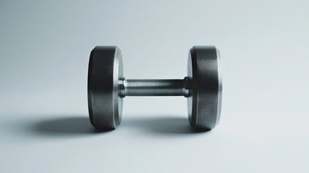 A single steel dumbbell on a white background, with soft lighting accentuating its polished surface and modern look.の素材