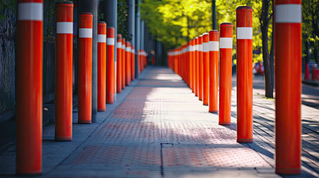 A pedestrian walkway bordered by orange traffic poles and plastic tubes in red and white for safetyの素材