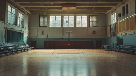 A panoramic shot of an empty school gym featuring a basketball court, folded bleachers, and equipment stored in the cornerの素材