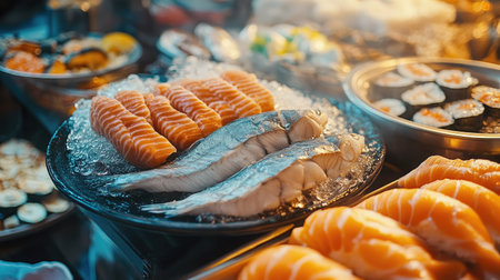 A seafood-themed buffet with grilled fish, sushi, and steaming bowls of clam chowderの素材