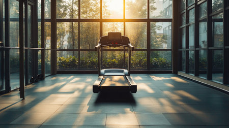 A quiet, empty gym with a single electric treadmill placed in the center of the room, surrounded by natural light.の素材