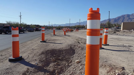 A set of orange traffic poles and red and white plastic tubes directing traffic around a roadwork siteの素材