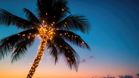 A silhouetted palm tree with warm fairy lights glowing against a backdrop of a clear blue sky at dusk.の素材