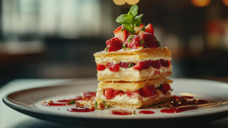 A plate of millefeuille with golden pastry layers, creamy vanilla filling, and a topping of strawberries and mint.の素材