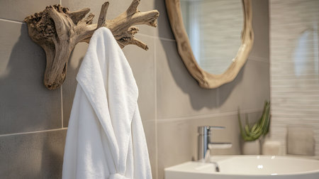 A serene retreat with a white bathrobe hanging on a driftwood hook in a beach-themed bathroom.の素材