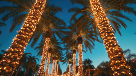 A row of palm trees decorated with fairy lights, creating a festive atmosphere for an outdoor celebration.の素材