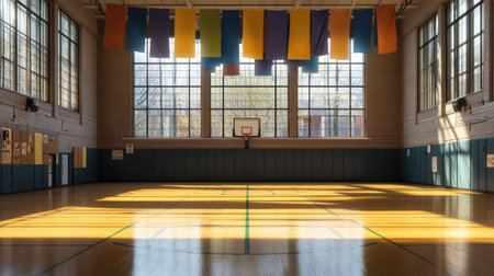 A school gymnasium with an empty basketball court, large windows, and colorful banners hanging aboveの素材