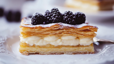 A slice of millefeuille with caramelized pastry edges, creamy vanilla filling, and fresh blackberries on top.の素材