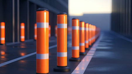 A safety barrier made of orange traffic poles and striped plastic tubes at the edge of a parking areaの素材