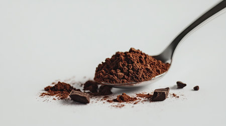 A side view of a spoon with cocoa powder spilling slightly, isolated on a plain white surface.の素材