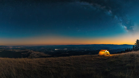 A small camp tent lit up at night, placed on a hilltop under a vibrant starry sky with a clear Milky Wayの素材