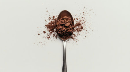 A silver spoon overflowing with cocoa powder, creating a small mound on a plain white background.の素材