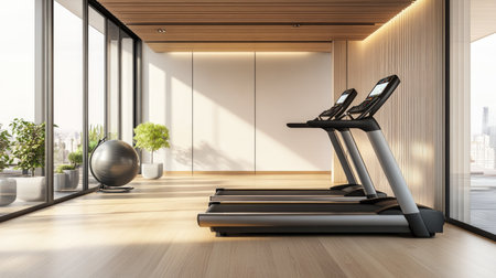 A modern electric treadmill with a large display screen, situated in a minimalist gym with wooden floors and bright lighting.の素材