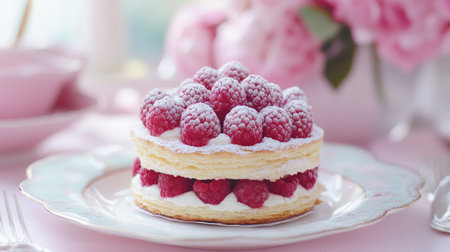 A millefeuille topped with raspberries and a light dusting of powdered sugar, placed on a pastel-colored table setting.の素材