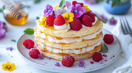 A millefeuille elegantly garnished with edible flowers, fresh raspberries, and a drizzle of honey.の素材