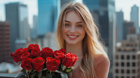 A joyful woman posing with a bouquet of red roses, with a cityscape in the background during Valentine's Dayの素材