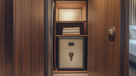 A neatly positioned safe in a stylish hotel room closet, offering secure storage for personal itemsの素材