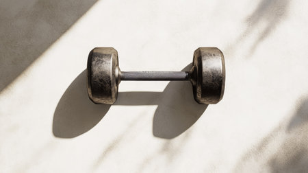 A heavy-duty steel dumbbell with a sleek design, placed neatly on a white background for a high-quality, minimalist shot.の素材