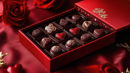 A gift set of Valentine's chocolates with intricate designs, beautifully arranged in a red velvet boxの素材