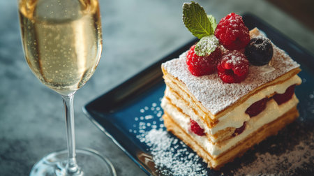 A millefeuille topped with fresh berries and a sprig of mint, served alongside a glass of sparkling wine.の素材