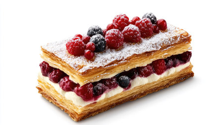 A millefeuille dessert with alternating layers of puff pastry and cream, topped with a berry medley and powdered sugar.の素材