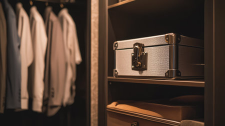 A metal safe in a hotel wardrobe, locked and ready for use, ensuring guest valuables are secureの素材