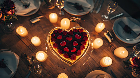 A heart-shaped dessert centerpiece on a Valentine's dinner table, surrounded by candles and elegant decorの素材