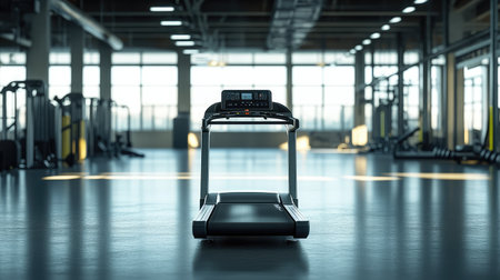A focused image of a lonely electric treadmill in an almost-empty gym, capturing the bright ambiance and open floor space.の素材