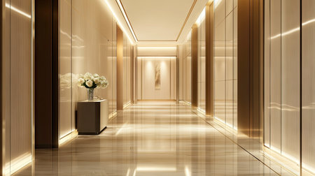 A minimalist building hallway with bright overhead lighting, clean walls, and a polished marble floorの素材