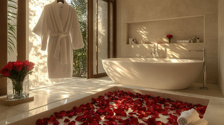 A luxurious bath setup with a white bathrobe hanging near a freestanding tub filled with rose petals.の素材