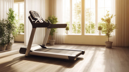 A high-quality shot of a treadmill with a digital display, standing unused in a spacious, minimalist gym with neutral colors.の素材