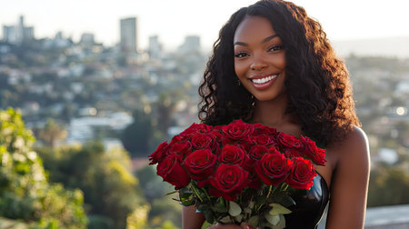 A joyful woman posing with a bouquet of red roses, with a cityscape in the background during Valentine's Dayの素材