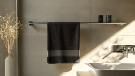 A modern bathroom featuring a single black towel on a sleek metallic clothesline.の素材