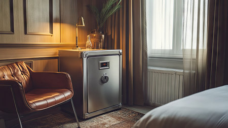 A metal safe in a hotel room, discreetly integrated into the furniture design for secure and convenient useの素材