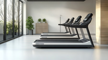 A modern gym featuring a row of empty electric treadmills, showcasing the sleek design and open workout space.の素材