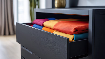A modern black chest of drawers partially open, revealing colorful folded clothes in a chic, contemporary room.の素材