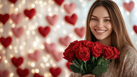 A happy woman posing with a bouquet of red roses in her hands, against a soft, heart-filled Valentine's backdropの素材
