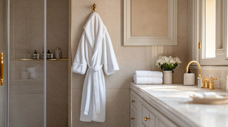 A luxurious master bathroom with a single white bathrobe hanging near a marble vanity and gold fixtures.の素材