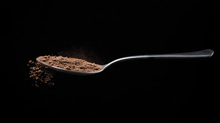 A flat metal spoon with cocoa powder spilling slightly onto a plain black surface for a dramatic effect.の素材
