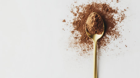 A modern composition with a gold spoon heaped with cocoa powder, styled on a clean white background.の素材