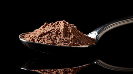 A heaping spoonful of cocoa powder on a glossy black surface, highlighted against a seamless black background.の素材