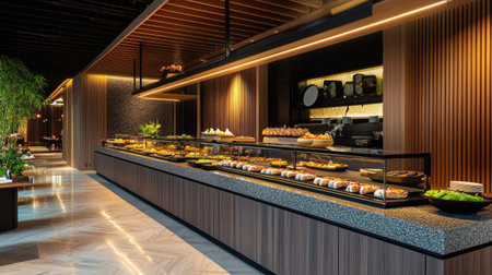 A modern buffet line with sushi rolls, sashimi, and dipping sauces in a sleek, upscale settingの素材